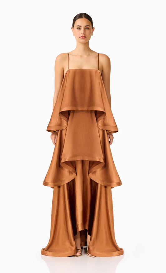 Tilly Tiered Maxi Dress in Toffee Brown